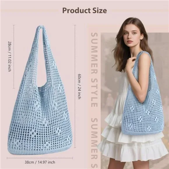Crochet Tote Bag, Mesh Beach Bag Blue - Picture 2 of 7